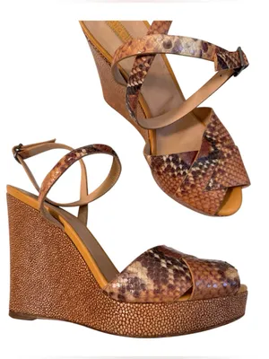 Longchamp Tan Brown Snake Print Leather Wedge Sandals Womans 6.5 Peep Toe Luxury thumbnail 1