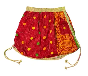Renew Vintage Kantha Mini Skirt Women Medium Red Orange Patchwork Excellent Boho thumbnail 1