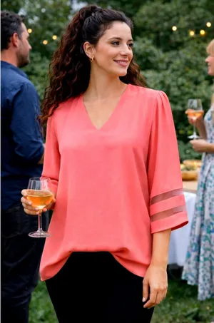Casual V Neck 3/4 Bell Sleeve Mesh Panel Blouse Coral XL thumbnail 1