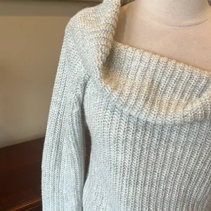 Oversized Cowl Drape Neck Light Gray Crochet Sweater Size XS thumbnail 2
