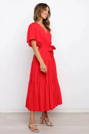 Boutique Bright Red V-neck Flutter Sleeve Midi Dress thumbnail 3