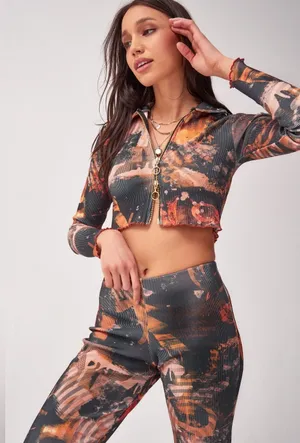 Jaded London Abstract Burn Print Ribbed Zip-Up Cardigan & Flare Pants Set. thumbnail 1