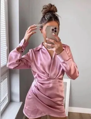 mini dress satin effect drapped long sleeve pink party wedding coctail thumbnail 3