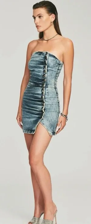 Retrofête Megh Strapless pleated Denim Mini Dress Marble Sky Button Front XS thumbnail 1