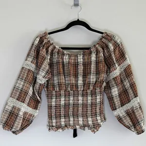 Kimchi Blue Brown Plaid Lace Ribbon Bow Puff Sleeve Cropped Milkmaid Top Size S thumbnail 3