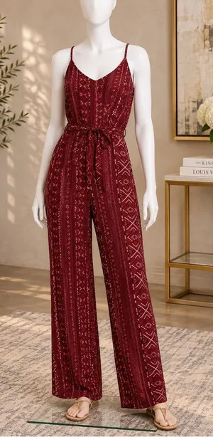 rue21 Womens Jumpsuit Red Geometric Tribal Print Wide Leg Medium thumbnail 1