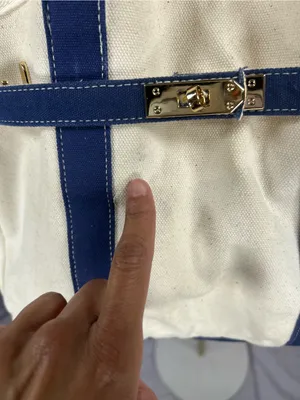 Designer Inspired Ivory & Navy Canvas Satchel Tote Bag Gold Hardware thumbnail 6