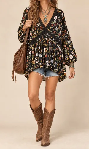 Vintage Nostalgia Black Floral Crochet Lace Boho Tunic Top Size M thumbnail 1