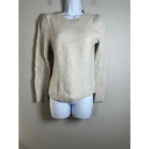 Club Monaco Womens XS‎ Cashmere Puff Shoulder Waffle Knit Speckled Sweater Cream thumbnail 2