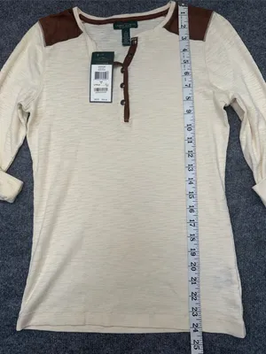 Ralph Lauren Cream Henley Top with Brown Shoulder Accents thumbnail 7