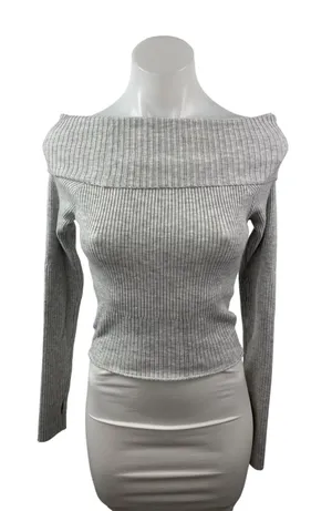 Princess Polly Women's Gray Ribbed Off the Shoulder Long Sleeve Sweater Top S/M thumbnail 1