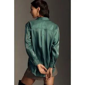 Anthropologie Blouse Women Large Teal Green Button Down Satin Finish Relaxed Top thumbnail 2
