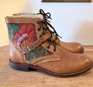 Artisan Handcrafted Leather‎ Huipil Lace Up Buckle Boots Tan Multi Color thumbnail 1
