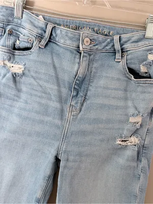 American Eagle Super Hi-Rise Flare Jeans Distressed Patchwork Size 10 Regular thumbnail 3
