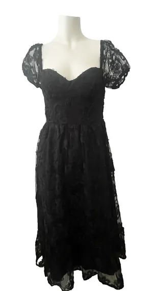 Lulus black dress M Notable Elegance Floral Appliqué Bustier Midi Party Formal thumbnail 1