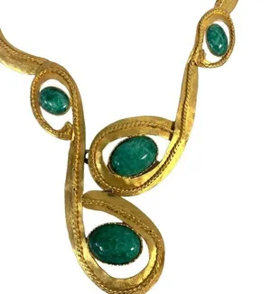 Vintage 14" Unique Gold Tone Tribal Necklace with Green Stones Jade? thumbnail 3