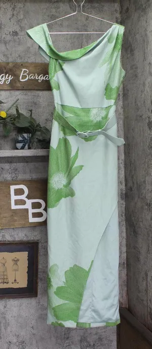 Jewel by Badgley Mischka Asymmetric Belted Floral Print Gown Dress Green Multi 6 thumbnail 1