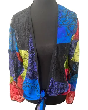 Chico's Y2K Silk Lace Burnout Velvet‎ Patchwork Artsy Boho Art to Wear Tie Front Top Med thumbnail 1