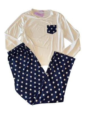 Women’s White Long Sleeve Pajama Top with Navy Star Pocket & Navy Star Pants thumbnail 1