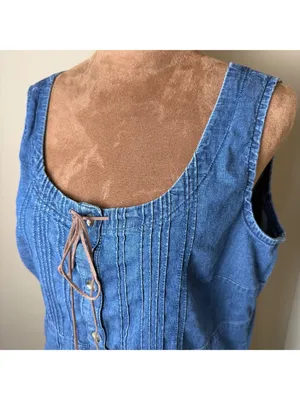 Vintage 90s Y2K Denim Tank Top Womens Large Faded Glory Prairie Cottage Boho thumbnail 2