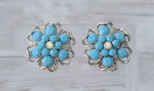 Vintage Clip On Earrings Large Turquoise Tone & Silver Tone Flower Whimsical thumbnail 1