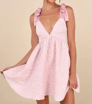 Lulus Darling Composure Pink Jacquard Floral Tie-Strap Mini Dress thumbnail 1