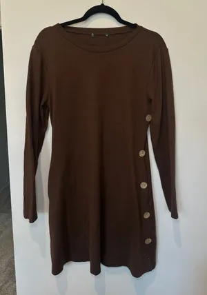Women's Brown Long Sleeve Scoop Neck Button Side Tunic Dress Size M thumbnail 1