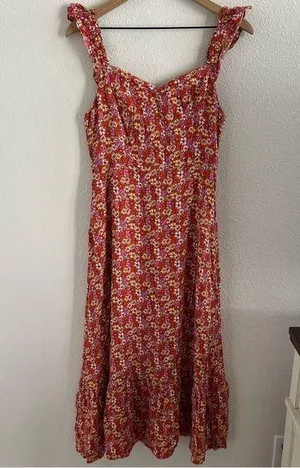 LUSH Feminine Floral Ruffle Strap Midi Dress Summer Back Zip Medium thumbnail 1