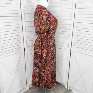 Cottagecore Floral‎ Smocked Waist Long Sleeve Boho Midi Dress Brown Multi Large thumbnail 3