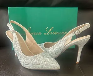 Lauren Lorraine Rachel Silver Shimmer Pointed Toe Embellished Slingback Pumps thumbnail 1