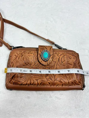 LAVAWA Tooled Brown Leather Crossbody Wallet with Turquoise Accent thumbnail 12