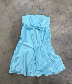 Vintage Turquoise blue satin coquette babydoll bow dress thumbnail 1