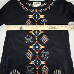 Savanna Jane Womens‎ Small Black Southwestern Embroidered Fringe Hem Top Blouse thumbnail 9