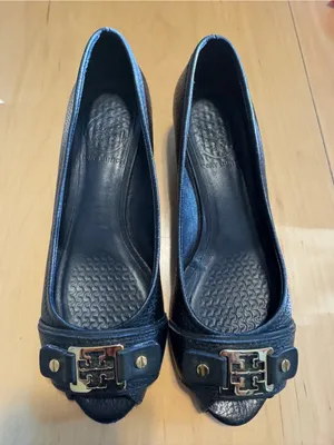 Tory Burch Black Leather Peep-Toe Heels with Gold Logo Accent thumbnail 1