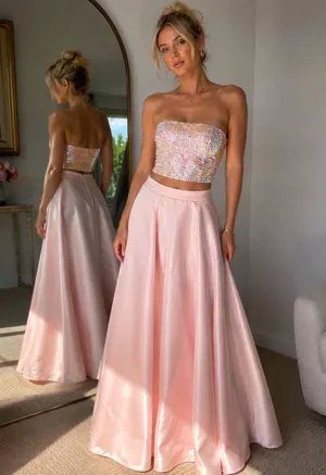 Hugo Buscati Vintage 90s Pink Sequin Prom Set Iridescent Tube Top Maxi Skirt Fairy Y2K thumbnail 1