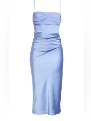 House of CB Teia Corset Midi Dress Georgette Satin Blue Size L thumbnail 10