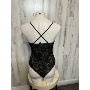 Windsor Black Lace Bodysuit Size L Sheer Floral Lace Criss Cross Back Lingerie T thumbnail 4
