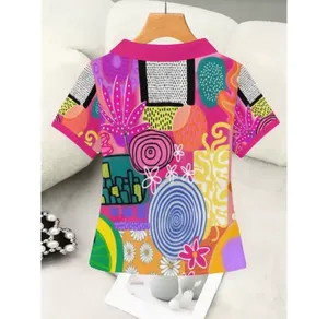 Women’s Colorful Abstract Print Short Sleeve Collared Top thumbnail 2