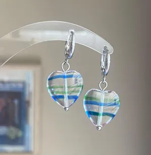 Handmade retro vintage fairy whimsical style quality Czech glass heart beads dangle earrings🩵 thumbnail 7