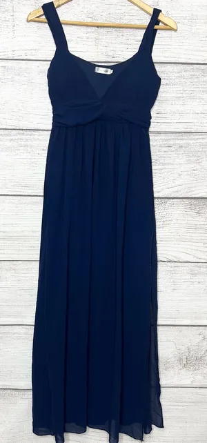 Navy Blue Sleeveless Empire Waist Leg Slit Maxi Dress Evening Gown Size Small thumbnail 1