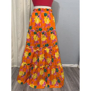 Lulus 100% Cotton‎ Maxi Skirt M Orange Floral Tiered High Waist Boho Summer thumbnail 10