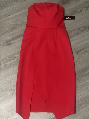 Lulus Strapless Bodycon Dress Sz S Jazzie Red Asymmetrical Hem Wedding Guest thumbnail 2