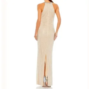 New NWT Mac Duggal Beaded Sleeveless High Neck Column Gown Nude Silver Size 6 thumbnail 2