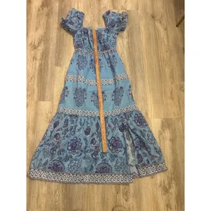 Celina Moon Blue Floral Cotton Tiered Midi Dress Smocked Boho‎ Size Small thumbnail 3
