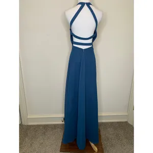 Azazie Teal Blue Strappy High Neck Halter Dress Sz 10A thumbnail 2