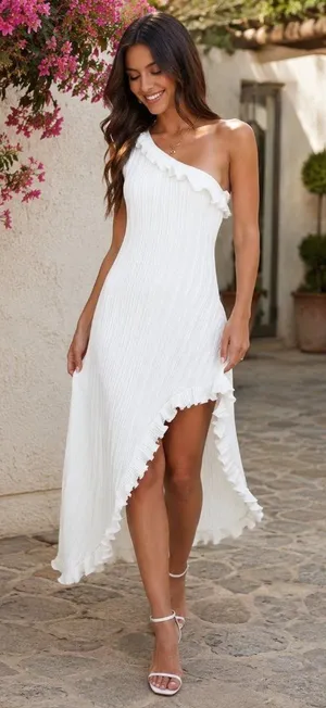 Elliatt Italianate One Shoulder Pleated Dress in Ivory thumbnail 1
