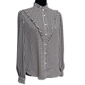 Ann Taylor Houndstooth Ruffle Neck Button Up Long Sleeve Blouse Small thumbnail 2