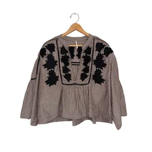 Free People Embroidered Striped Bell Sleeve Boho Blouse Beige Black Large thumbnail 2