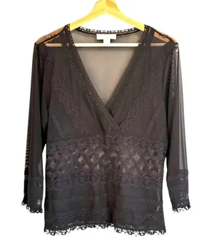 Dress Barn Womens Whimsigoth Black Sheer Mesh Lace Top Size L Boho Witchy Fairy Grunge thumbnail 1