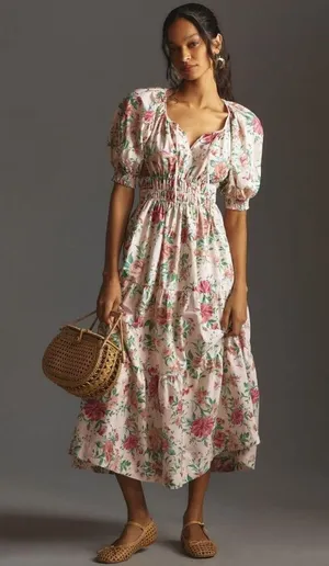 NWT by Anthropologie Somerset Maxi in Rose Floral Puff-Sleeve Edition Dress L thumbnail 1